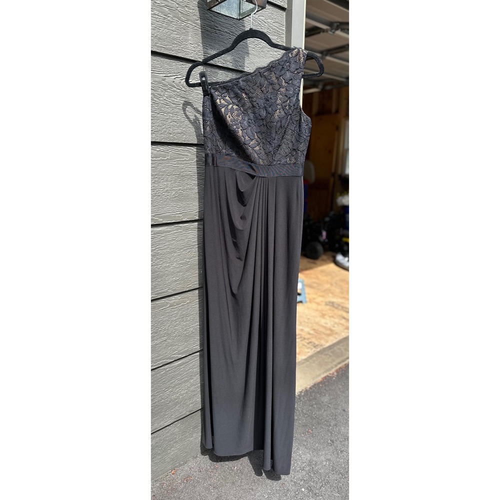Adrianna Papell‎ Black Lace One Shoulder Draped Formal Evening Gown Size 6